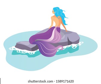 Siren flat vector illustration. Mythological beast swim in sea. Fairy monster on rock. Fantastical half-woman creature. Greek mythology. Mermaid on reef isolated cartoon character on white background