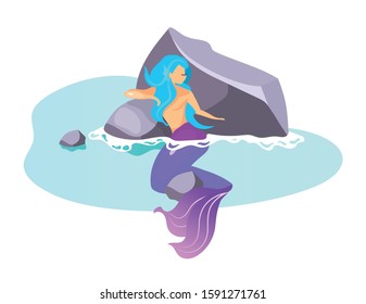 Siren flat vector illustration. Mythological beast swim in sea. Fairy monster on rock. Fantastical half-woman creature. Greek mythology. Mermaid on reef isolated cartoon character on white background