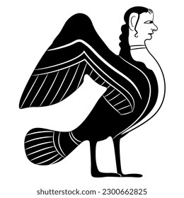 Siren or Harpy. Bird with woman head. Ancient Greek vase painting design. Fantastic mythological animal. Black and white silhouette.