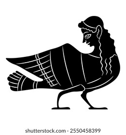 Siren or Harpy. Fantastic bird with woman's head. Ancient Greek mythological creature. Black and white silhouette. Vase painting style.