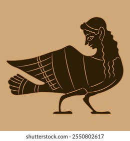 Siren or Harpy. Fantastic bird with woman's head. Ancient Greek mythological creature. BMonochrome silhouette. Vase painting style.