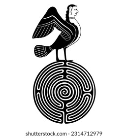 Siren or Harpy standing on a round spiral maze or labyrinth symbol. Ancient Greek bird with woman head. Creative concept. Mystery of antique culture. Black and white silhouette.