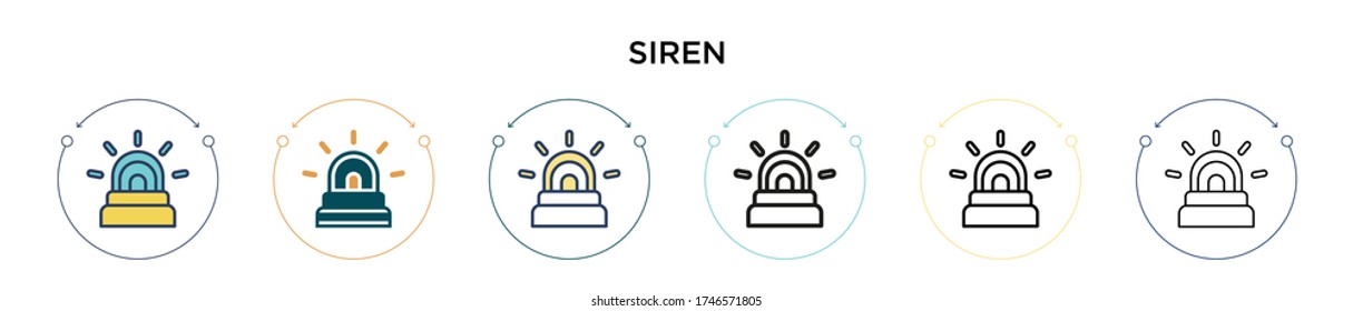 Siren icon in filled, thin line, outline and stroke style. Vector illustration of two colored and black siren vector icons designs can be used for mobile, ui, web