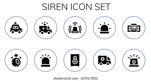 Sirren-Symbol-Set. 10 gefüllte Sirenen-Symbole. Einschließlich Polizeiauto, Alarm, Krankenwagen, Siren, Lautsprecher-Symbole