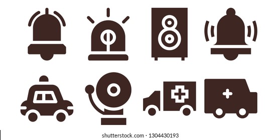 siren icon set. 8 filled siren icons.  Collection Of - Police car, Alarm, Siren, Ambulance, Loudspeaker