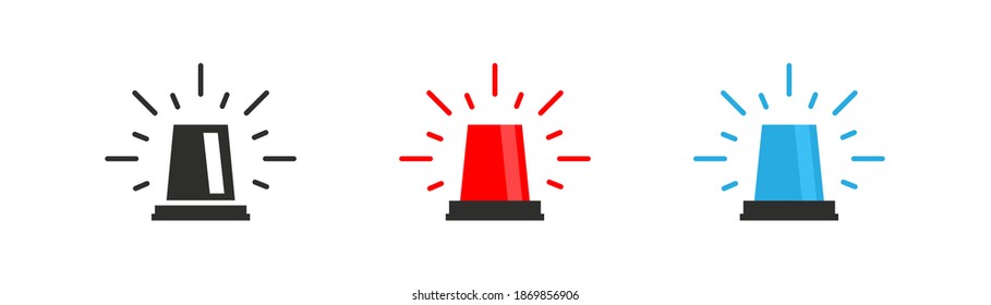 Siren icons set. Black and flat police flashing.  Danger symbol vector illustration