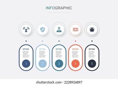 siren, key, security guy, bomb, bug icons Infographic design template. Creative concept with 5 steps