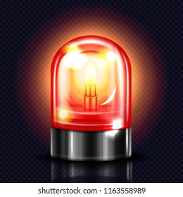 Siren light vector illustration of red alarm lamp or police and ambulance emergency flasher. Isolated realistic 3D alert beacon on dark transparent background