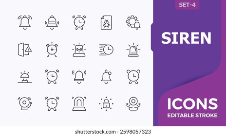 Siren linear icon. Included lock, alarm, watch, notification, clock. Alarm icons collection. Thin UI icon design. Minimalist editable vector stroke.