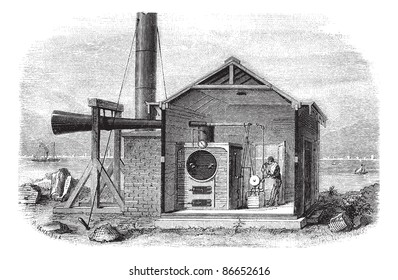  A siren, machine for signal on the coast of the United States Units. - Drawing Jahandier, vintage engraved illustration. Magasin Pittoresque 1874.