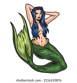 Siren mermaid with blue hair. Colorful vector illustration vintage style, isolated on white background