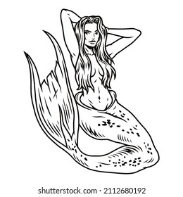 Siren mermaid. Monochrome vector illustration vintage style, isolated on white background