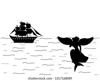 Siren mermaid naiad ship silhouette ancient mythology fantasy