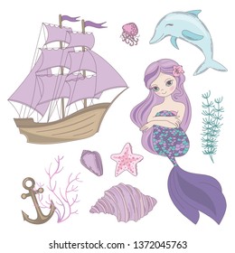 SIREN Mermaid Sea Summer Cruise Vector Illustration Set