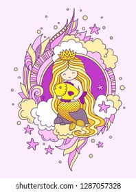 Siren, sitting on a stone, holding big golden fish. Princess mermaid. Vector illustration, poster, postcard, banner, print.