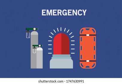 Siren stretcher and oxygen cylinders design, Emergency rescue save department 911 danger help safety and aid theme Vector illustration