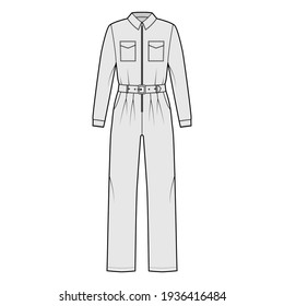 Siren suit overall jumpsuit technical fashion illustration with full length, zipper closure, normal waist, pockets, long sleeves. Flat Dungaree front, grey color style. Women, men unisex CAD mockup