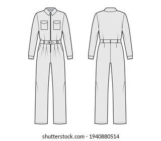 Siren suit overall jumpsuit technical fashion illustration with full length, belt, zipper closure, normal waist, pockets, long sleeves. Flat Dungaree front back, grey color style. Women men CAD mockup
