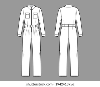 Siren suit overall jumpsuit technical fashion illustration with full length, belt, zipper closure, pockets, long sleeves. Flat Dungaree front back, white, grey color style. Women men unisex CAD mockup