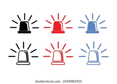  siren vector set. Red and blue  black siren icons, flashers ambulances. Police flasher, Icons for alarm or emergency cases. Collection of alert flashing lights in a flat style.