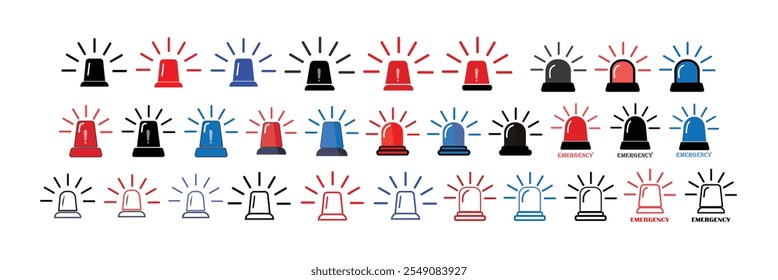  siren vector set. Red and blue  black siren icons, flashers ambulances. Police flasher, Icons for alarm or emergency cases. Collection of alert flashing lights in a flat style.