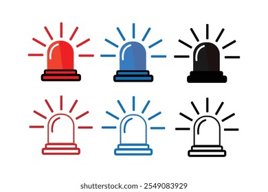  siren vector set. Red and blue  black siren icons, flashers ambulances. Police flasher, Icons for alarm or emergency cases. Collection of alert flashing lights in a flat style.