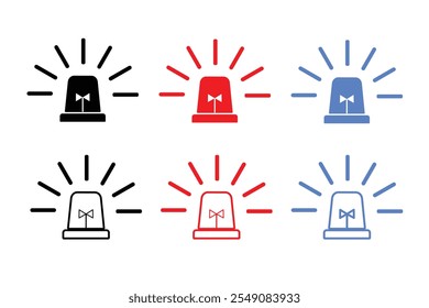  siren vector set. Red and blue  black siren icons, flashers ambulances. Police flasher, Icons for alarm or emergency cases. Collection of alert flashing lights in a flat style.