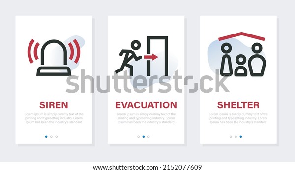 Siren warning onboarding vector\
design. Emergency situation alert application screens\
set