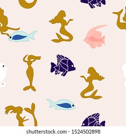 Sirens and fish in a seamless pattern design, perfect to use on the web or in print