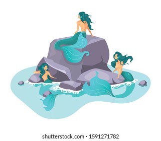 Sirens Flat Vector Illustration. Fairy Creature In Sea. Fantastical Half-woman Beast. Enchanting Monsters. Greek Mythology. Mermaids On Reef Isolated Cartoon Character On White Background