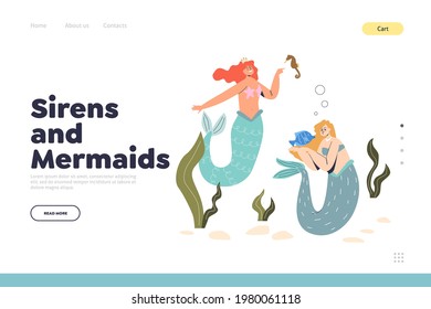 Sirens and mermaids concept of landing page with water nymphs with fish tails underwater speak to sea horse and fish. Mystery magical creatures, ocean inhabitants. Flat vector illustration