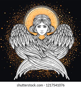 Sirin, Alkonost, Gamayun mythological creature of Russian legends. Angel girl with wings. Isolated hand drawn vector illustration. Trendy Vintage style element. Spirituality, occultism, alchemy, magic