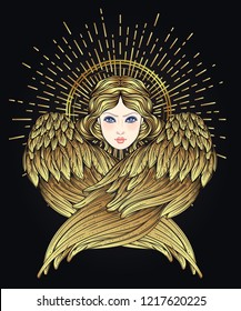 Sirin, Alkonost, Gamayun mythological creature of Russian legends. Angel girl with wings. Isolated hand drawn vector illustration. Trendy Vintage style element. Spirituality, occultism, alchemy, magic