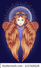 Sirin, Alkonost, Gamayun mythological creature of Russian legends. Angel girl with wings. Isolated hand drawn vector illustration. Trendy Vintage style element. Spirituality, occultism, alchemy, magic