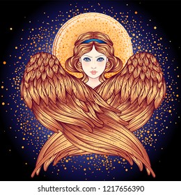 Sirin, Alkonost, Gamayun mythological creature of Russian legends. Angel girl with wings. Isolated hand drawn vector illustration. Trendy Vintage style element. Spirituality, occultism, alchemy, magic