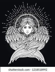 Sirin, Alkonost, Gamayun mythological creature of Russian legends. Angel girl with wings. Isolated hand drawn vector illustration. Trendy Vintage style element. Spirituality, occultism, alchemy, magic