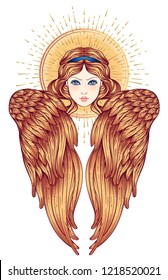 Sirin, Alkonost, Gamayun mythological creature of Russian legends. Angel girl with wings. Isolated hand drawn vector illustration. Trendy Vintage style element. Spirituality, occultism, alchemy, magic