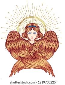 Sirin, Alkonost, Gamayun mythological creature of Russian legends. Angel girl with wings. Isolated hand drawn vector illustration. Trendy Vintage style element. Spirituality, occultism, alchemy, magic