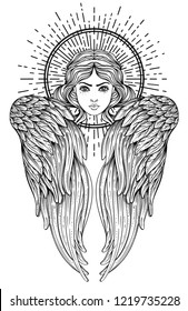 Sirin, Alkonost, Gamayun mythological creature of Russian legends. Angel girl with wings. Isolated hand drawn vector illustration. Trendy Vintage style element. Spirituality, occultism, alchemy, magic