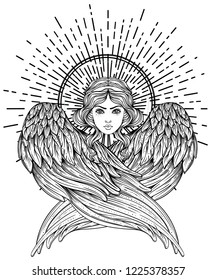 Sirin, Alkonost, Gamayun mythological creature of Russian legends. Angel girl with wings. Isolated hand drawn vector illustration. Trendy Vintage style element. Spirituality, occultism, alchemy, magic