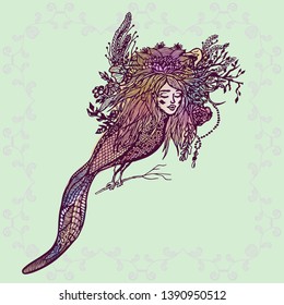Sirin, Alkonost, Gamayun mythological creature of Russian legends. Angel girl with wings. hand drawn vector illustration in floral decorative frame. Trendy Vintagestyle element. Spirituality, occultis