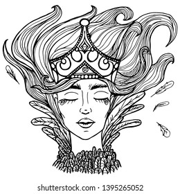 Sirin, Alkonost, Gamayun mythological creature of Russian legends. Angel girl with crown. Hand drawn vector illustration in scetch style. Spirituality, occultism, alchemy, magic. Black and white color