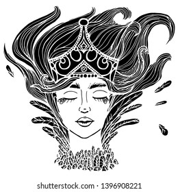 Sirin, Alkonost, Gamayun mythological creature of Russian legends. Angel girl with crown .hand drawn vector illustration in sketch style. Trendy Vintage style element. Spirituality, occultism, alchemy