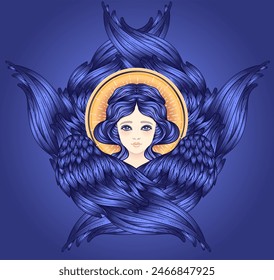 Sirin, Alkonost, criatura mitológica gamayun de leyendas rusas. Chica ángel con alas. Ilustración vectorial dibujada a mano aislada. Elemento de estilo Antiguas de moda.