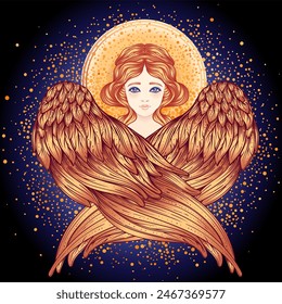 Sirin, Alkonost, criatura mitológica gamayun de leyendas rusas. Chica ángel con alas. Ilustración vectorial dibujada a mano aislada. Elemento de estilo Antiguas de moda.