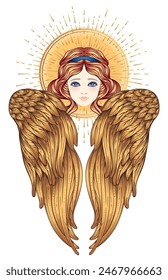 Sirin, Alkonost, Gamayun mythological creature of Russian legends. Angel girl with wings. Isolated hand drawn vector illustration. Trendy Vintage style element. Spirituality, occultism, alchemy, magic