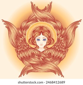 Sirin, Alkonost, criatura mitológica gamayun de leyendas rusas. Chica ángel con alas. Ilustración vectorial dibujada a mano aislada. Elemento de estilo Antiguas de moda.