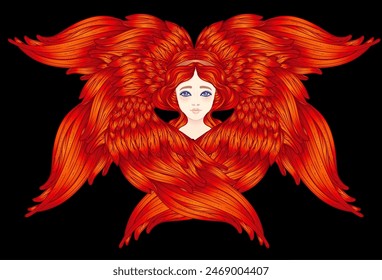 Sirin, Alkonost, criatura mitológica gamayun de leyendas rusas. Chica ángel con alas. Ilustración vectorial dibujada a mano aislada. Elemento de estilo Antiguas de moda.