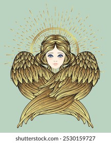 Sirin, Alkonost, Gamayun mythological creature of Russian legends. Angel girl with wings. Isolated hand drawn vector illustration. Trendy Vintage style element.