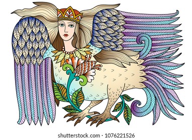 Sirin is a character of ancient Russian art. Bird of paradise sitting on a magic tree. A bird with the head of a virgin.
Painted in hand-crafted in vector and painted.